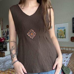 Notations Brown Tank Top with Embellished Accent